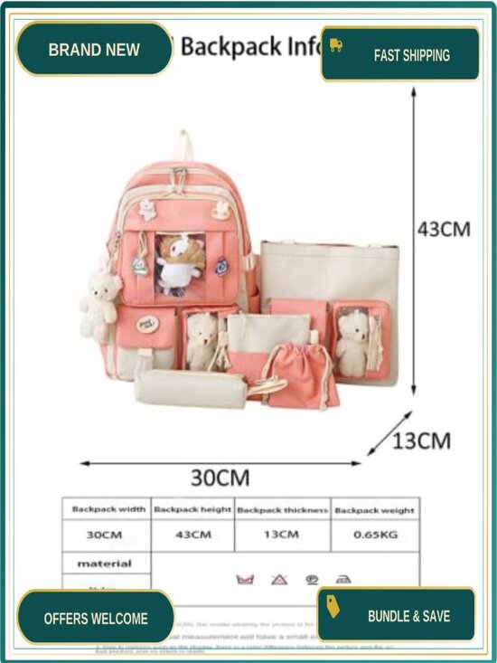 Kawaii Waterproof Nylon 5-Piece Backpack Set with Cute Plush Pendants